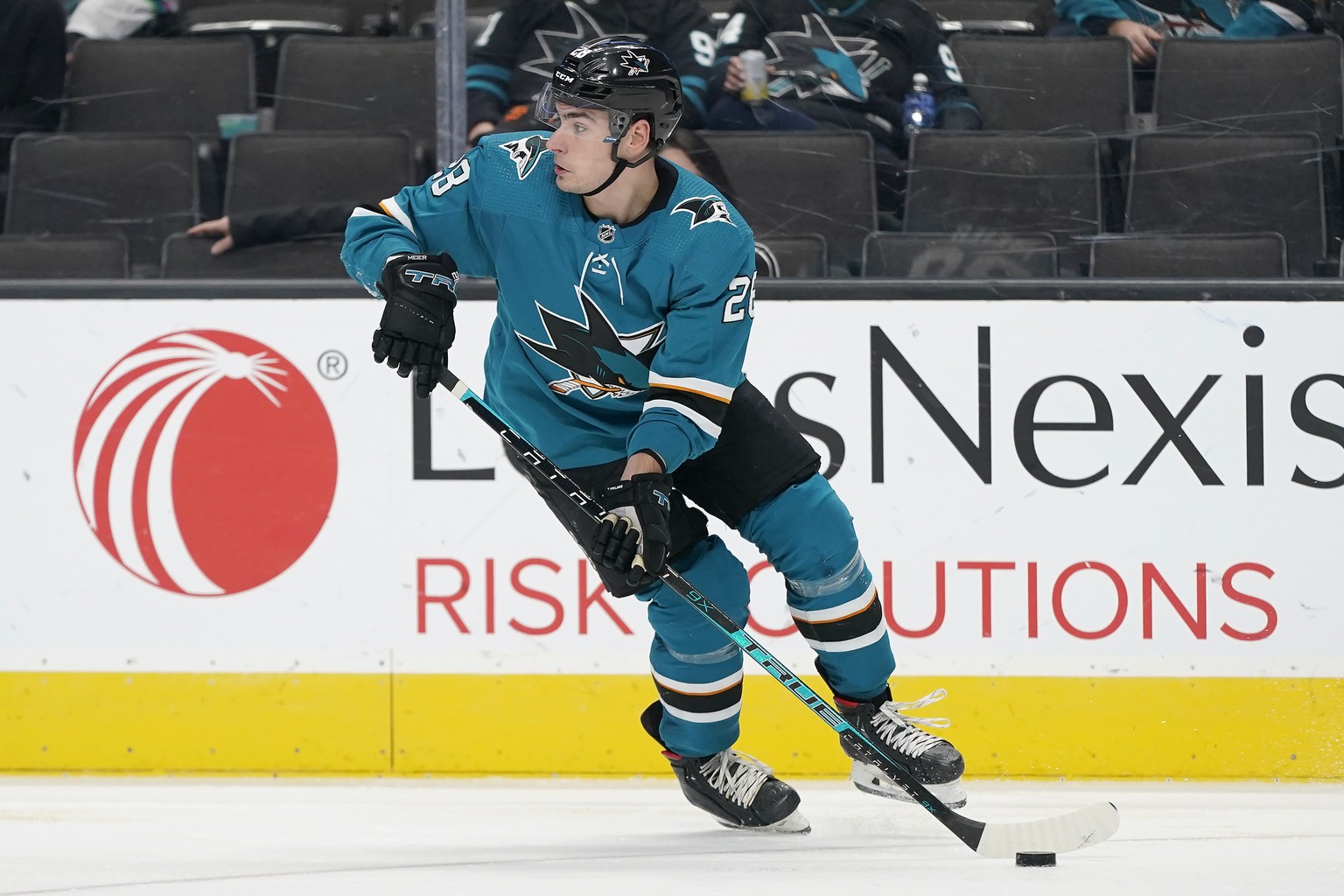 San Jose Sharks right wing Timo Meier skates with the puck during the second period against the Dallas Stars in an NHL hockey game in San Jose, Calif., Saturday, Dec. 11, 2021. (AP Photo/Jeff Chiu)
Ti ...