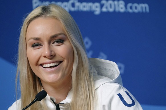 Alpine skier Lindsey Vonn, of the United States, answers questions during a press conference ahead of the 2018 Winter Olympics in Pyeongchang, South Korea, Friday, Feb. 9, 2018. (AP Photo/J. David Ake ...