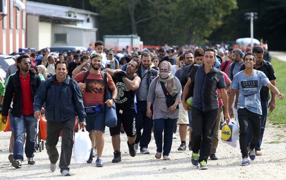 Eine Gruppe von Flüchtlingen an der österreichisch-slowenischen Grenze gehen in Richtung Bad Radkersburg.<br data-editable="remove">