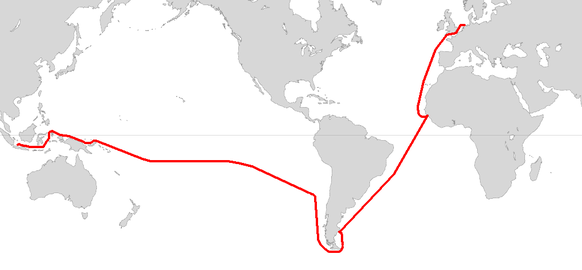 Die Route von Schouten und Le Maire. Auf Java wurden die Seeleute festgenommen.&nbsp;