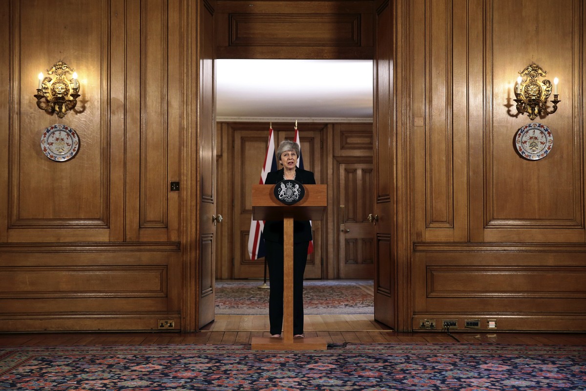 Britain's Prime Minister Theresa May gives a press conference outside Downing Street, in London, Tuesday, April 2, 2019. May said Tuesday that she will seek to further delay Britain's exit f ...