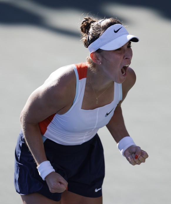 epa10148434 Belinda Bencic of Switzerland celebrates her win over Andrea Petkovic of Germany in their first round match during the US Open Tennis Championships at the USTA National Tennis Center in in ...