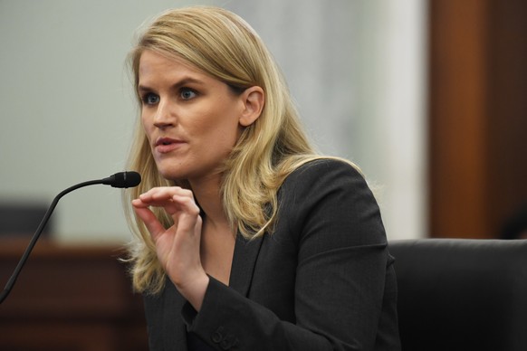 epa09507957 Facebook whistleblower, Frances Haugen appears before the Senate Commerce, Science, and Transportation Subcommittee at the Russell Senate Office Building in Washington, DC, US, 05 October  ...