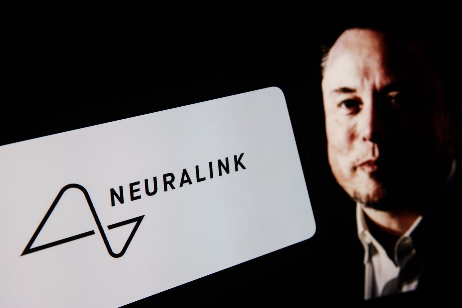 A portrait picture of Elon Musk photographed in Krakow, Poland on January 22nd, 2024 and Neuralink logo screened on a mobile phone for illustration photo. Krakow, Poland on February 5th, 2025. (Photo  ...