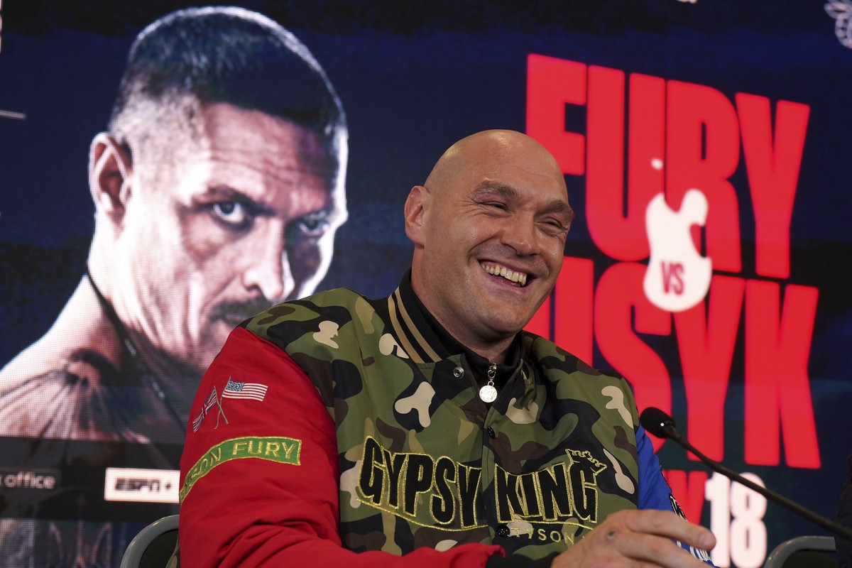 British professional boxer Tyson Fury smiles during a news conference at the The Mazuma Mobile Stadium, Morecambe, Wednesday, April 10, 2024. Tyson Fury says size will count for everything in his figh ...