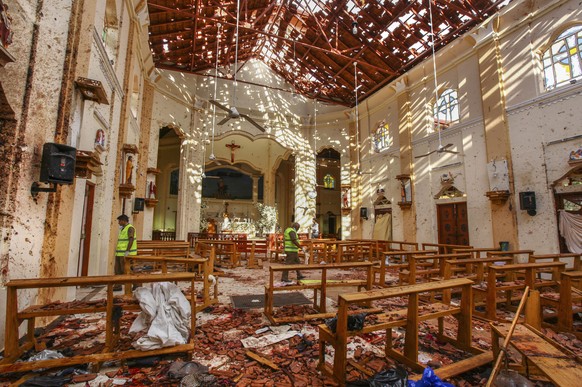 In this Sunday, April 21, 2019, a view of St. Sebastian's Church damaged in blast in Negombo, north of Colombo, Sri Lanka. Sri Lankan authorities blame seven suicide bombers of a domestic militan ...