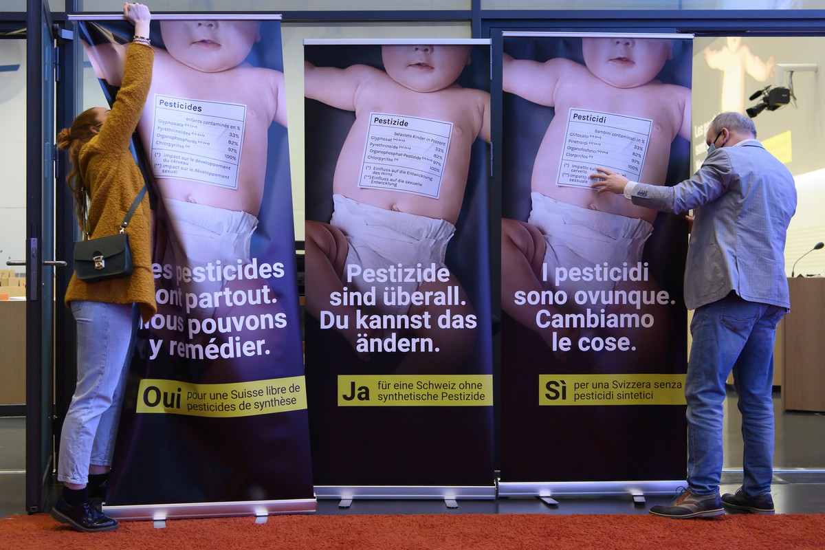 Zwei Personen installieren die Plakaten vor einer Medienkonferenz des Initiativkommitees "Fuer eine Schweiz ohne synthetische Pestizide", am Dienstag, 30. Maerz 2021 in Bern. (KEYSTONE/Antho ...