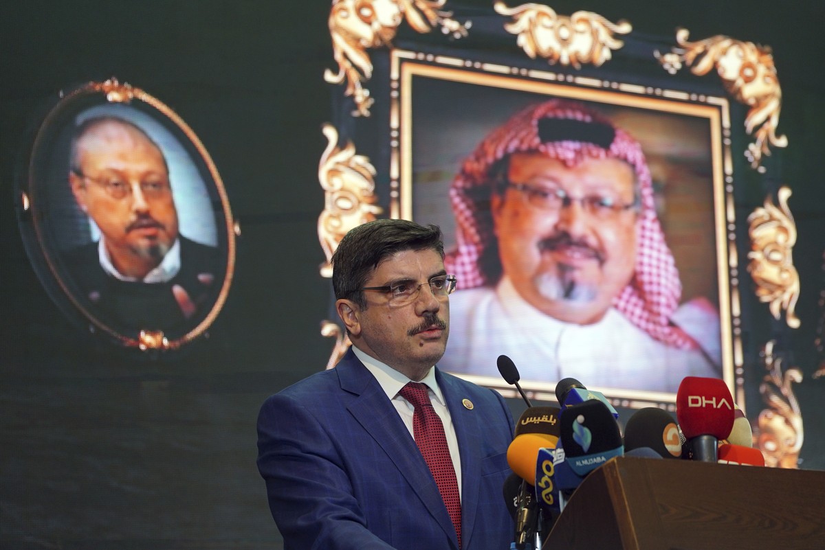 FILE - In this Sunday, Nov. 11, 2018 file photo, Yasin Aktay, an advisor to Turkey's President Recep Tayyip Erdogan, speaks during an event organized to mark the 40th day of the death of Saudi wr ...
