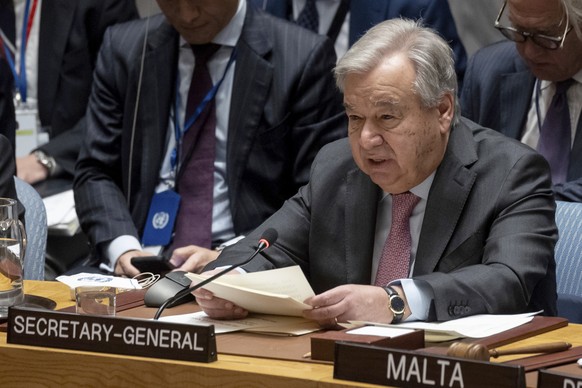 FILE - United Nations Secretary General Antonio Guterres speak during a Security Council meeting at the United Nations headquarters, April 18, 2024. An independent review released Monday, April 22, of ...