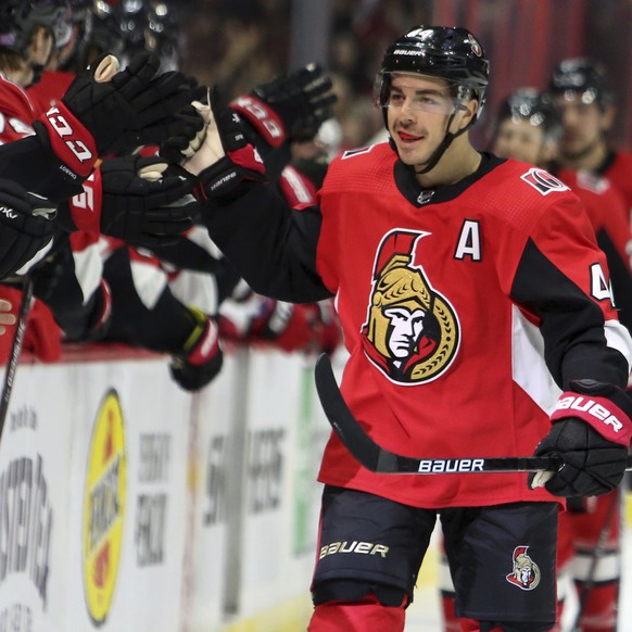 Ottawa Senators Jean-Gabriel Pageau (44) celebrates his goal against the Carolina Hurricanes during first period NHL hockey action in Ottawa, Saturday Nov. 9, 2019. (Fred Chartrand/The Canadian Press  ...