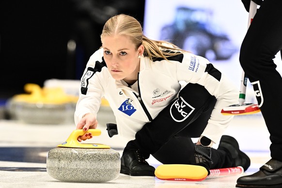 epa10544107 Briar Schwaller-Huerlimann of Switzerland in action during the gold medal match between Norway and Switzerlan in the LGT World WomenÄôs Curling Championship, in Sandviken, Sweden, 26 Marc ...