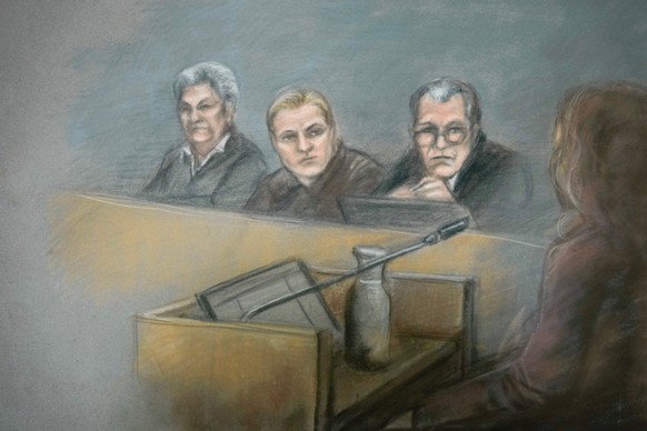This court sketch by Ane Hem shows the defendant Marius Borg Hoiby, center, with defense attorneys Ellen Holager AndenÊs and Petar Sekulic who are following the testimony of a friend of one of the vic ...
