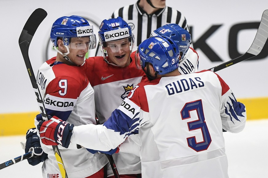 epa07561542 Jakub Vrana of Czech Republic (C) celebrates with teammates after scoring during the IIHF World Championship group B ice hockey match between Czech Republic and Sweden at the Ondrej Nepela ...