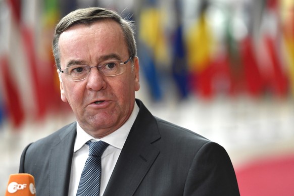 German Defense Minister Boris Pistorius speaks to the media as he arrives for a meeting of EU foreign and defense ministers at the European Council building in Brussels on Monday, March 20…