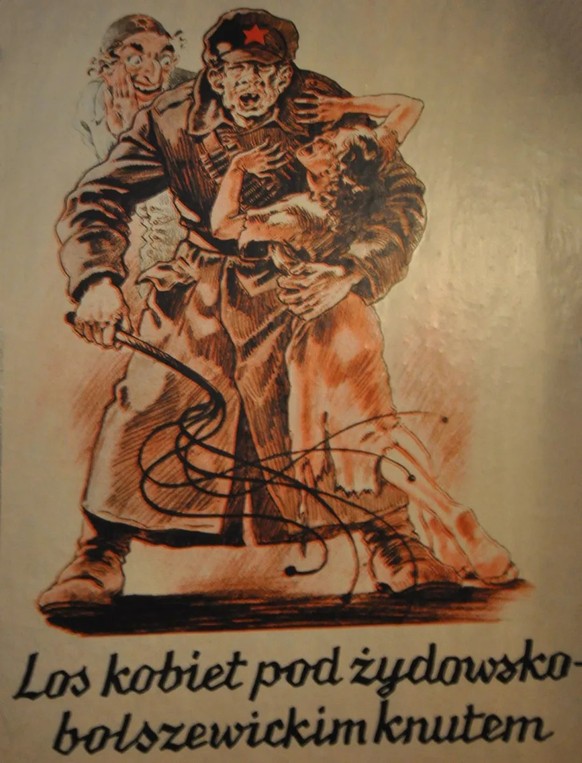 EIA-Propagandaplakat gegen die jüdisch-bolschewistische Unterdrückung der Frauen.
https://commons.wikimedia.org/wiki/File:Anti-russian_propaganda_-_Oskar_Schindler%27s_Deutsche_Emaillewaren-Fabrik_(Ge ...