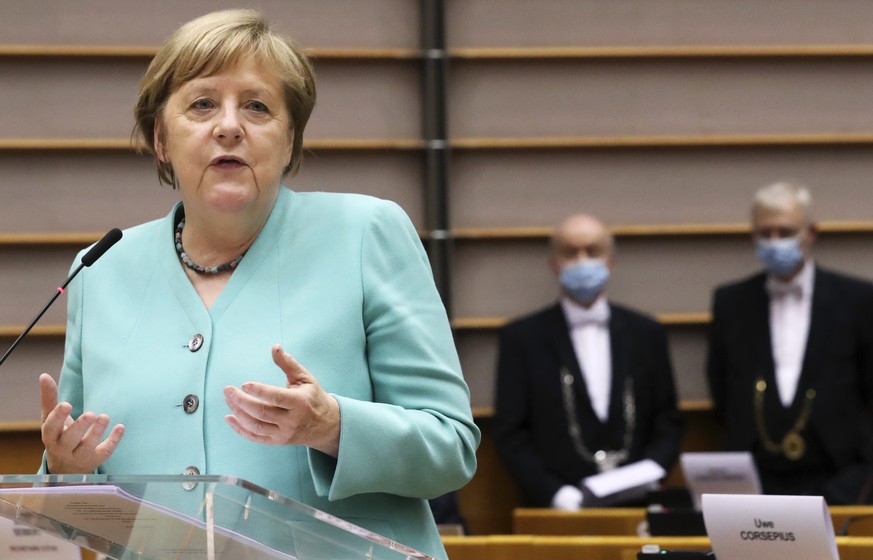 epa08534523 German Chancellor Angela Merkel speaks during a plenary session at the European Parliament in Brussels, Belgium, 08 July 2020. Germany is, since July 1, at the head of the rotating preside ...