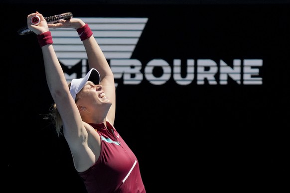 Paula Badosa of Spain celebrates after defeating Marta Kostyuk of Ukraine in their third round match at the Australian Open tennis championships in Melbourne, Australia, Friday, Jan. 21, 2022. (AP Pho ...