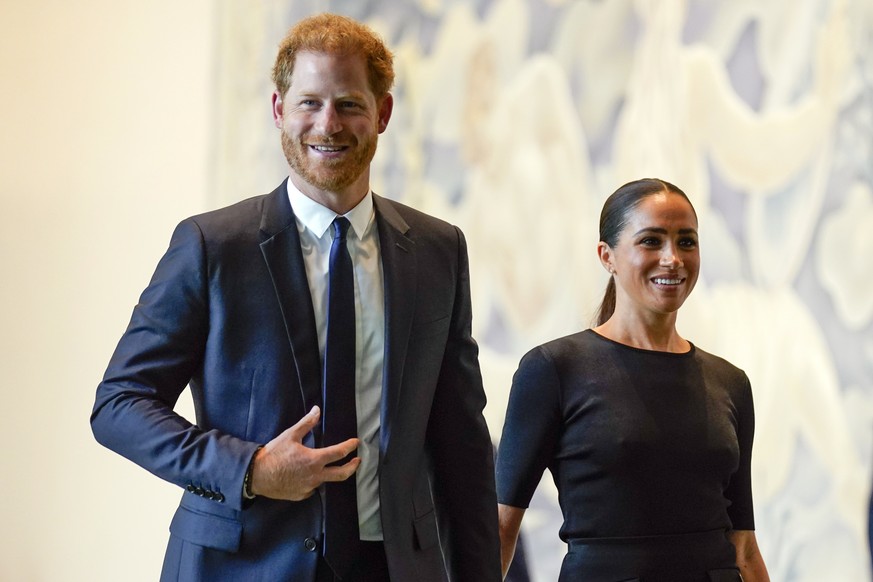 Prince Harry and Meghan Markle arrive at United Nations headquarters, Monday, July 18, 2022. The Duke and Duchess of Sussex were at the UN to mark the observance of Nelson Mandela International Day. ( ...