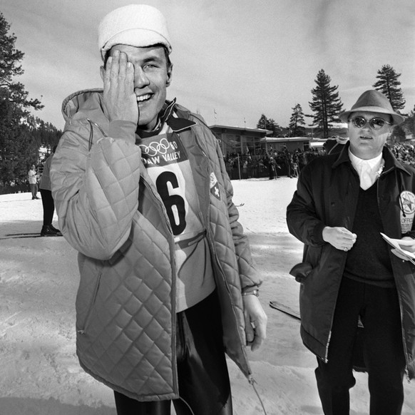Ski racer Roger Staub after winning the men's giant slalom race in Squaw Valley, USA.  To his left, wearing number 21, is Swiss ski racer Nando Pajarela, pictured on February 21, 1960, at the ...