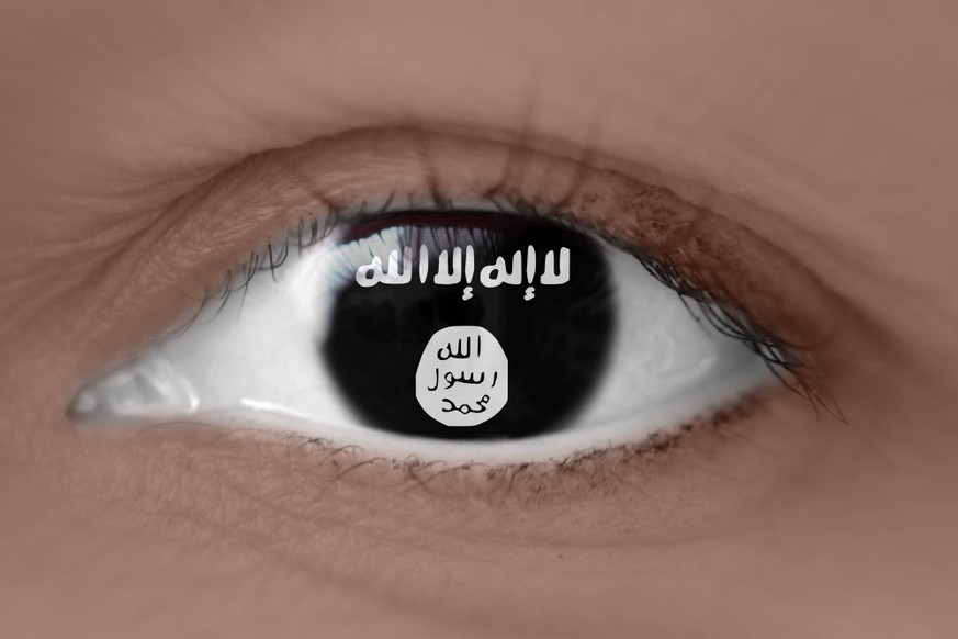 Symbolbild zur Kriegsgefahr an der NATO Aussengrenze durch die ISIS Dschihadisten: Auge mit Flagge der ISIS