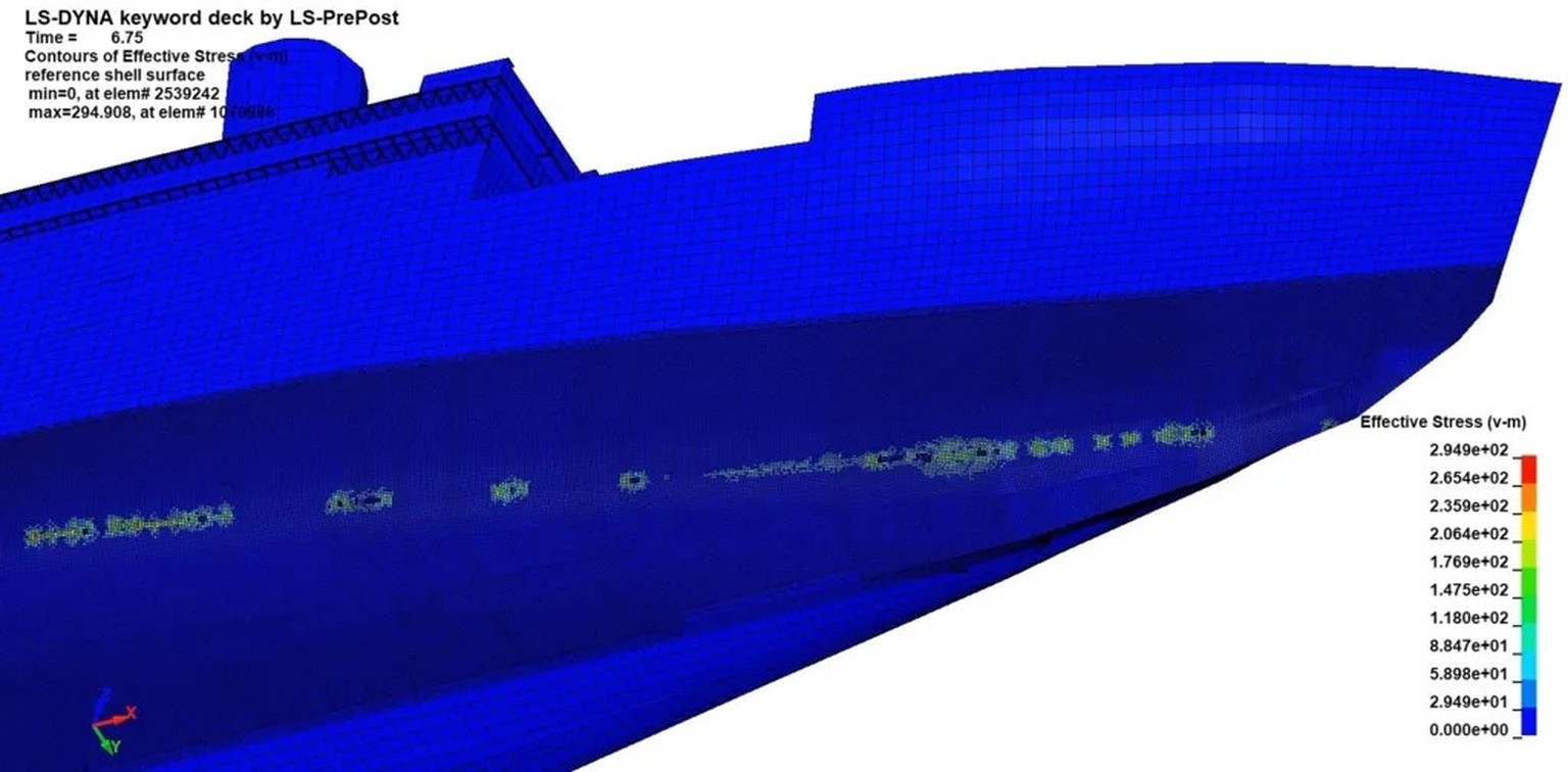 Titanic: Gemäss einer neuen Computersimulation verursachte der Eisberg eine lange, schmale Linie von kleinen Löchern, die sich über den Grosteil des Rumpfs hinziehen.