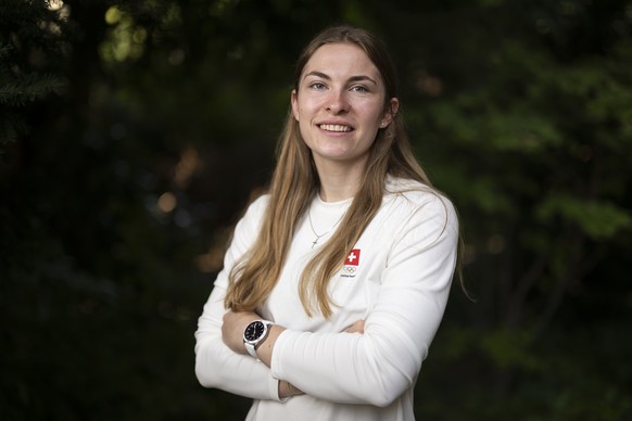 Switzerland&#039;s BMX Racing athlete Zoe Claessens poses at the Maison Suisse prior to a press conference, at the 2024 Paris Summer Olympics in Paris, France, Tuesday, July 30, 2024. (KEYSTONE/Anthon ...