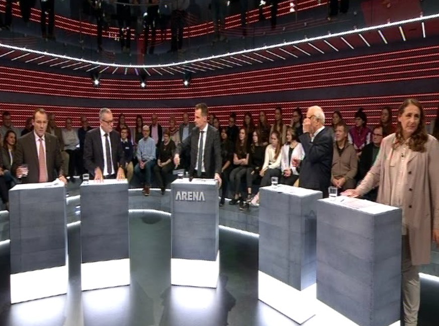 Moderator Jonas Projer diskutierte mit Thomas Matter (SVP), Ruedi Noser (FDP), Jean Ziegler und Jacqueline Badran (SP).