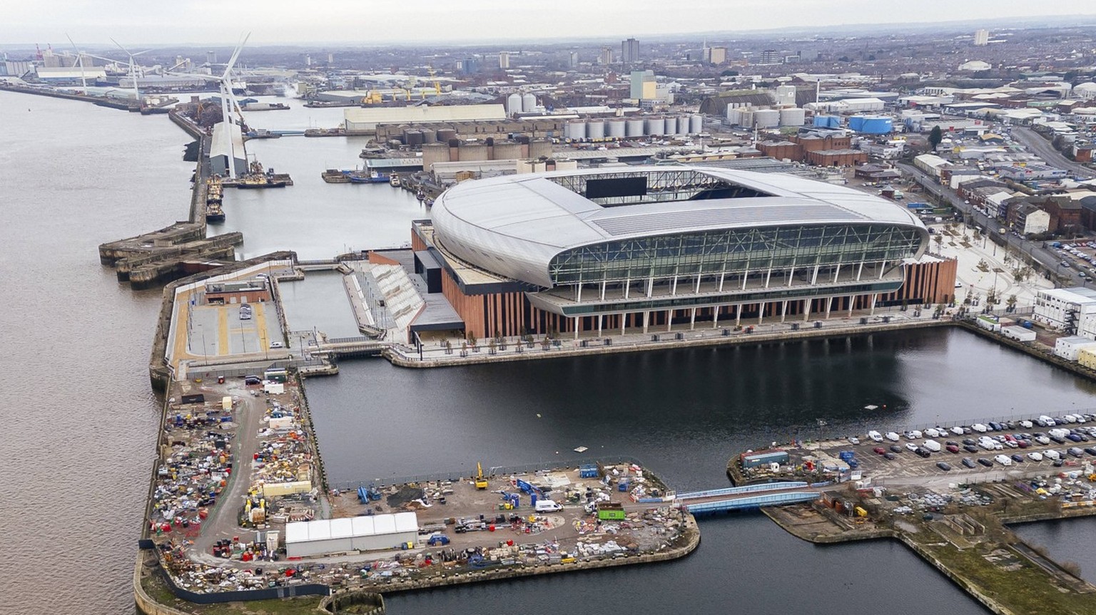 Aerial view from drone of the new Everton FC football stadium in January 2025 located on the waterfront in Liverpool England. It is expected that this stadium will replace Goodison Park as the home gr ...