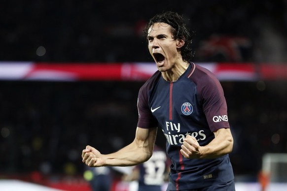 epa06211248 Paris Saint Germain striker Edinson Cavani reacts after scoring during the French Ligue 1 soccer match between Paris Saint Germain (PSG) and Olympique Lyonnais at the Parc des Princes stad ...