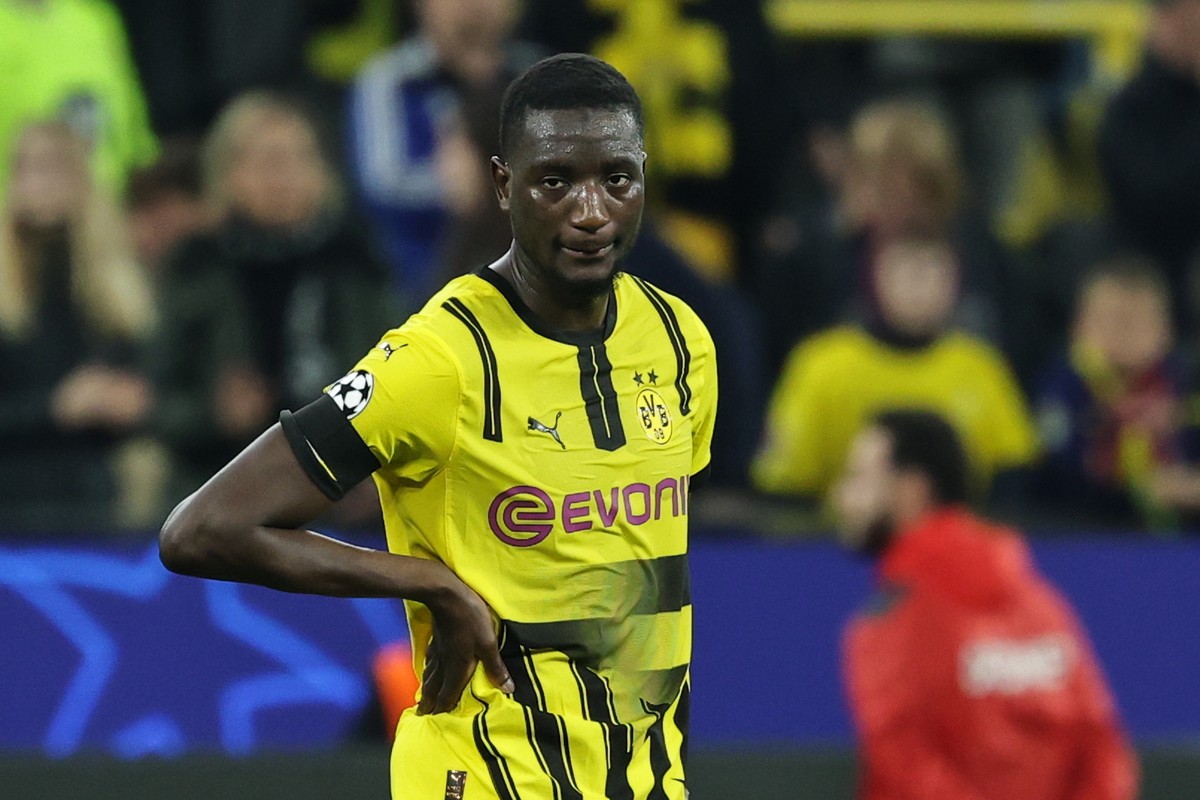 epa12033999 Serhou Guirassy of Dortmund looks on after the UEFA Champions League quarter-finals, 2nd leg soccer match between Borussia Dortmund and FC Barcelona, in Dortmund, Germany, 15 April 2025. E ...