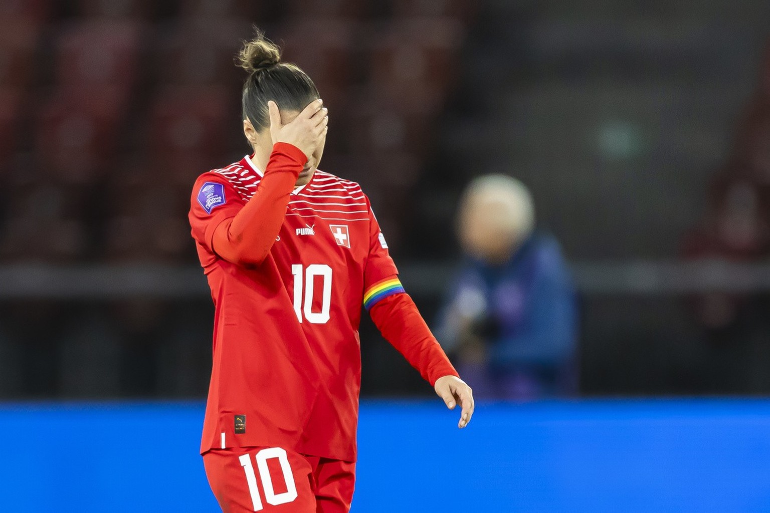 Switzerland&#039;s forward Ramona Bachmann reacts during the UEFA Nations League women&#039;s soccer match between Switzerland and Spain at the Letzigrund stadium in Zurich, Switzerland, on Tuesday Oc ...