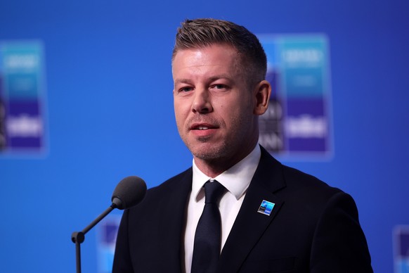 epa13097076 Hungarian Prime Minister Peter Magyar speaks to the media upon arrival at the 2026 NATO summit in Ankara, Turkey, 08 July 2026. The NATO Summit takes place from 07-08 July. EPA/NECATI SAVA ...