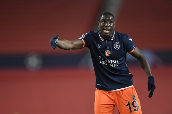 epa08839910 Demba Ba of Istanbul Basaksehir during the UEFA Champions League group H soccer match between Manchester United and Istanbul Basaksehir in Manchester, Britain, 24 November 2020. EPA/Peter  ...