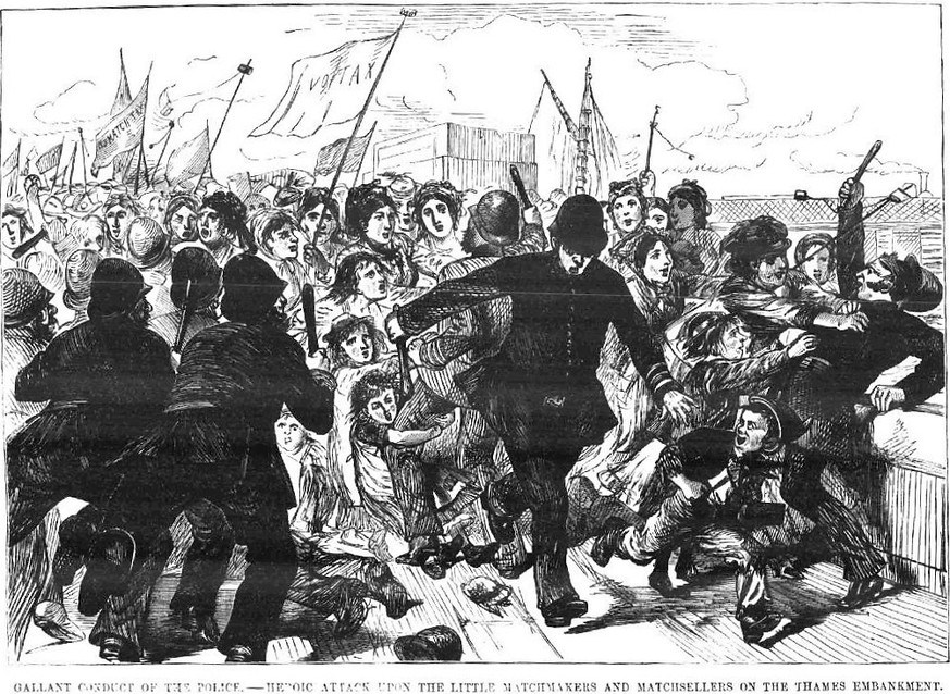 Matchgirls protests 1871 London 
https://en.wikipedia.org/wiki/Matchgirls%27_strike