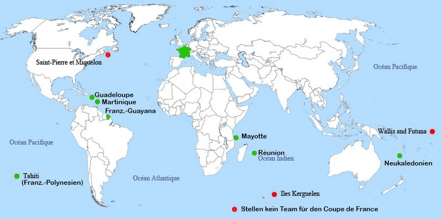 Aus diesen Gebieten von Übersee-Frankreich stammen die 11 Klubs am Coupe de France.