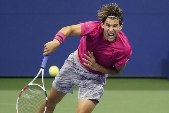 Dominic Thiem, of Austria, serves to Marin Cilic, of Croatia, during the third round of the US Open tennis championships, Saturday, Sept. 5, 2020, in New York. (AP Photo/Frank Franklin II)