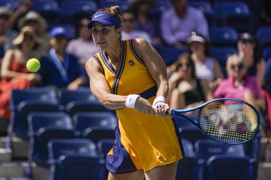 Belinda Bencic, of Switzerland, returns a shot to Jessica Pegula, of the United States, during the third round of the US Open tennis championships, Saturday, Sept. 4, 2021, in New York. (AP Photo/Seth ...