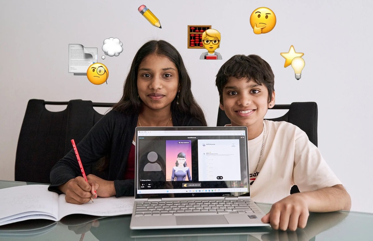 Die Geschwister Akshaya und Raksan Mylvaganam lernen mit Anna, der KI-Nachhilfelehrerin, Mathematik (Bildmontage)