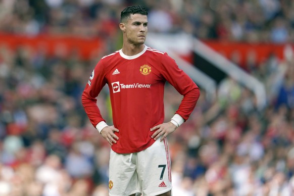 FILE- Manchester United&#039;s Cristiano Ronaldo stands on the pitch during the English Premier League soccer match between Manchester United and Norwich City at Old Trafford stadium in Manchester, En ...