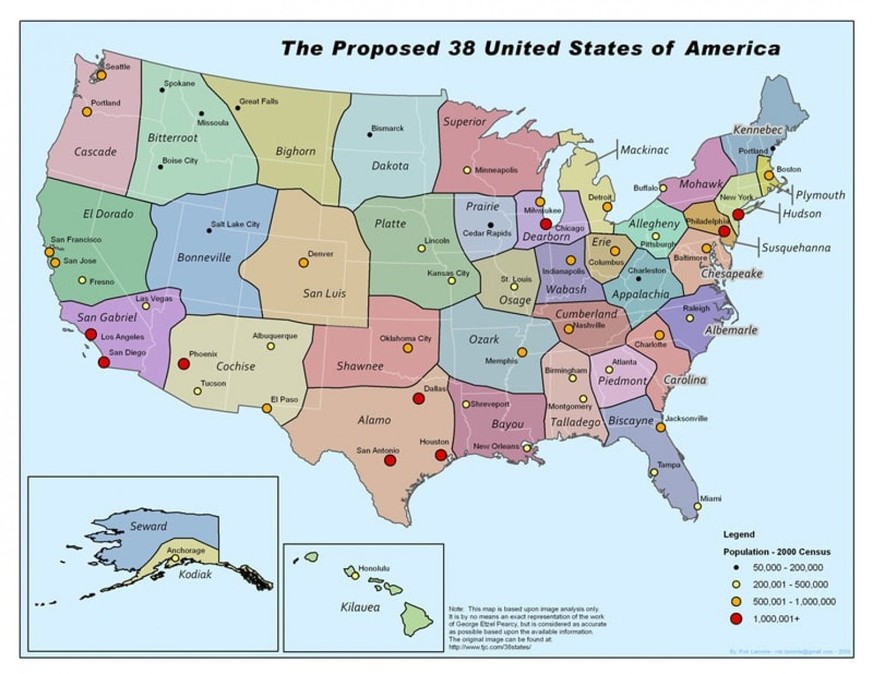 Karte: Vorschlag zur Aufteilung der USA in 38 Staaten