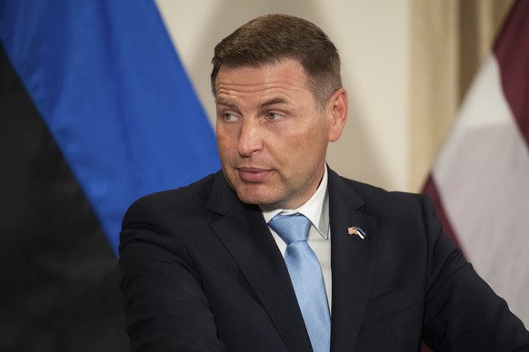 Estonian Defense Minister Hanno Pevkur speaks during a meeting with Secretary of Defense Pete Hegseth and the Defense Ministers of Latvia and Lithuania, at the Pentagon in Washington, Friday, July 25, ...