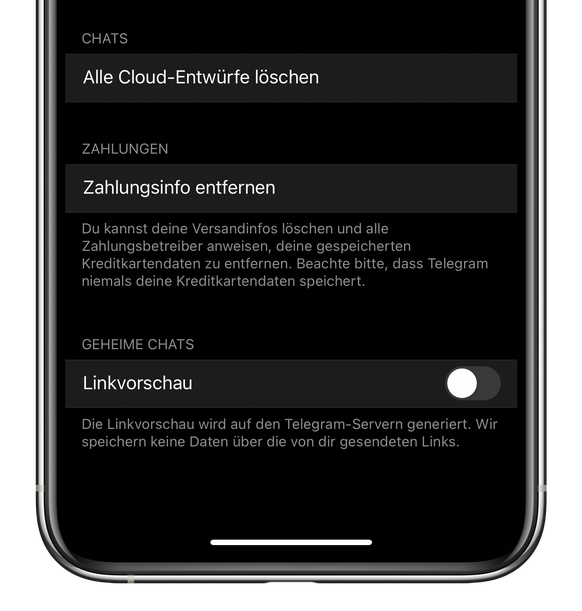 «Geheime Chats»: Telegram weist darauf hin, dass die Linkvorschau auf den eigenen Servern generiert werde. Es würden aber keine Daten gespeichert.
