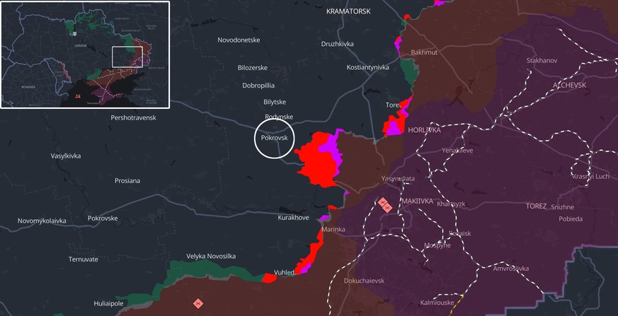 Rot: Russische Gebietsgewinne im August 2024. Lila: Gewinne im Juli 2014.
