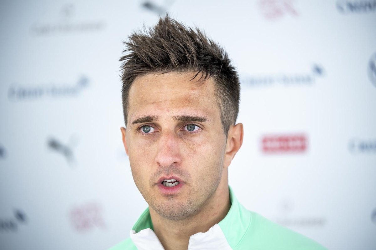 Switzerland's soccer player Mario Gavranovic speaks to journalists during a training session prior to the UEFA EURO 2020 soccer tournament at the Dalga Arena, in Baku, Azerbaijan, Wednesday, June ...
