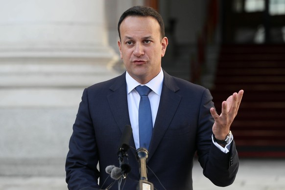 Irish Prime Minister Leo Varadkar speaks to the media outside the Government Buildings in Dublin Wednesday Jan. 16, 2019, after Britain's Parliament discarded Prime Minister Theresa May's Brexit deal  ...