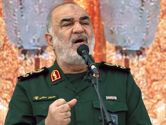 epa12172764 (FILE) -Islamic Revolutionary Guard Corps (IRGC) head Hossein Salami delivers a speech during a ceremony marking the first death anniversary of late Iranian President Ebrahim Raisi, in Teh ...