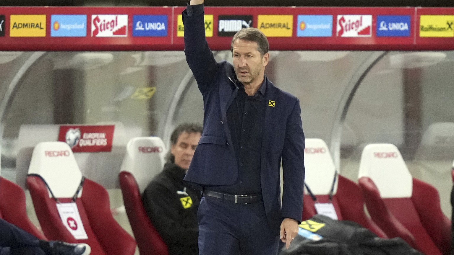 Austria&#039;s coach Franco Foda gestures during the World Cup 2022, group F, qualifying soccer match between Austria and Scotland at the Ernst Happel Stadium in Vienna, Austria, Tuesday, Sept. 7, 202 ...