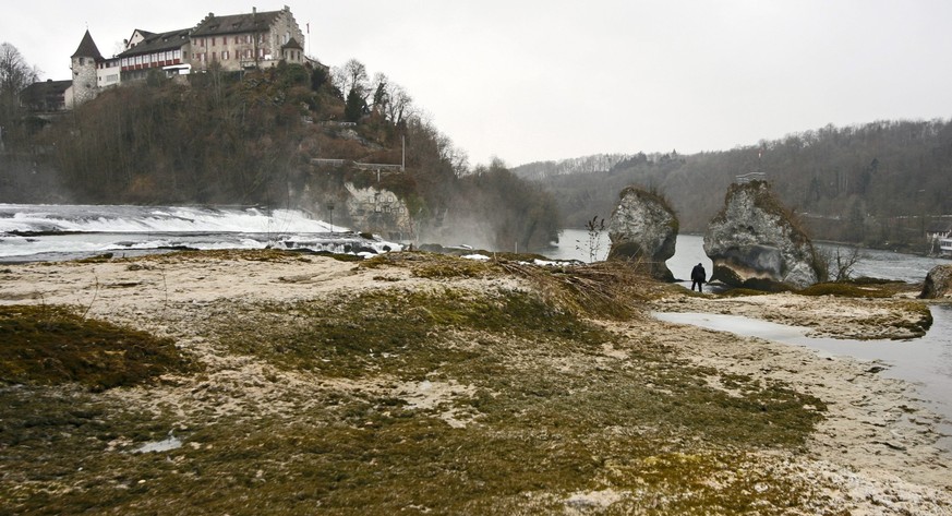 Nicht viel zu bieten fuer Touristen hat der Rheinfall in Neuhausen am Mittwoch, 8. Februar 2006. Am Dienstag betrug die Durchflussmenge nur 142 Kubikmeter Wasser pro Sekunde. Der Pegel des Bodensees i ...