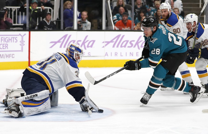 St. Louis Blues goaltender Chad Johnson (31) makes a save against San Jose Sharks right wing Timo Meier (28) during the first period of an NHL hockey game in San Jose, Calif., Saturday, Nov. 17, 2018. ...