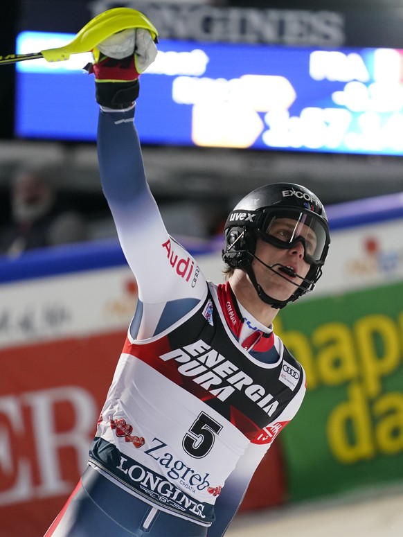 France&#039;s Clement Noel reacts after winning an alpine ski, men&#039;s World Cup slalom in Zagreb, Croatia, Sunday, Jan. 5, 2020. (AP Photo/Giovanni Auletta)